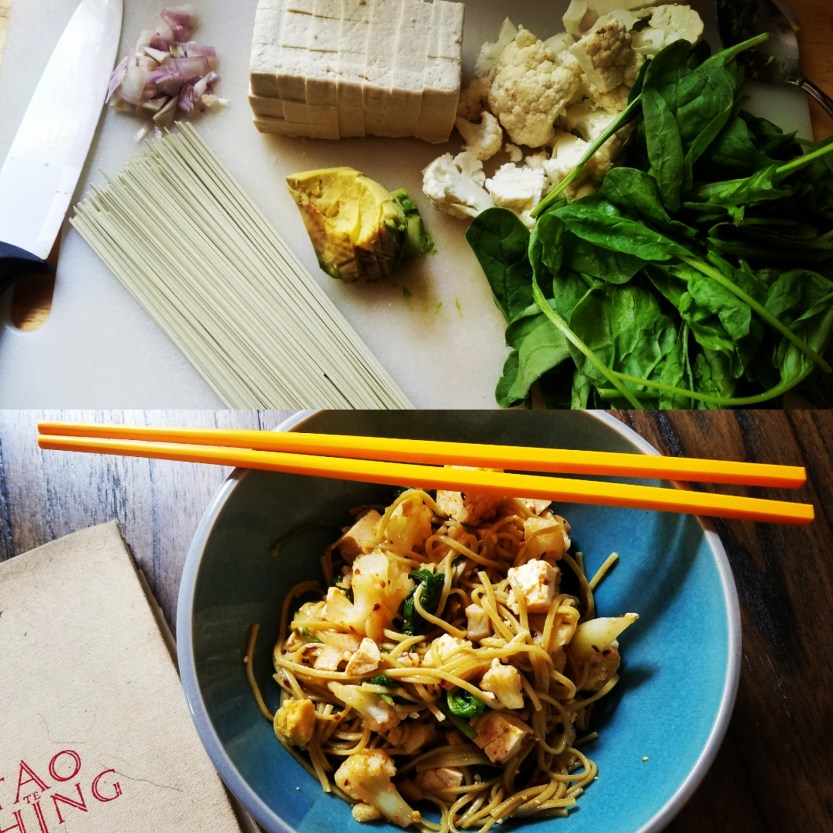 green tea asian soba noodles lunch cauliflower green spinach shallots black bean sauce spicy chopsticks yellow tao avocado six minutes cauliflower knife easy