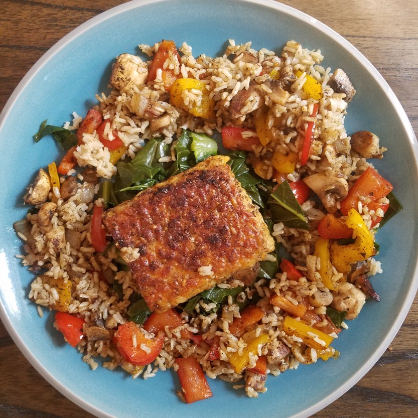 David M Raine steak tempeh peppers greens collard vegetables brown rice dinner class cooking chef vegetarian delicious plating asian southern