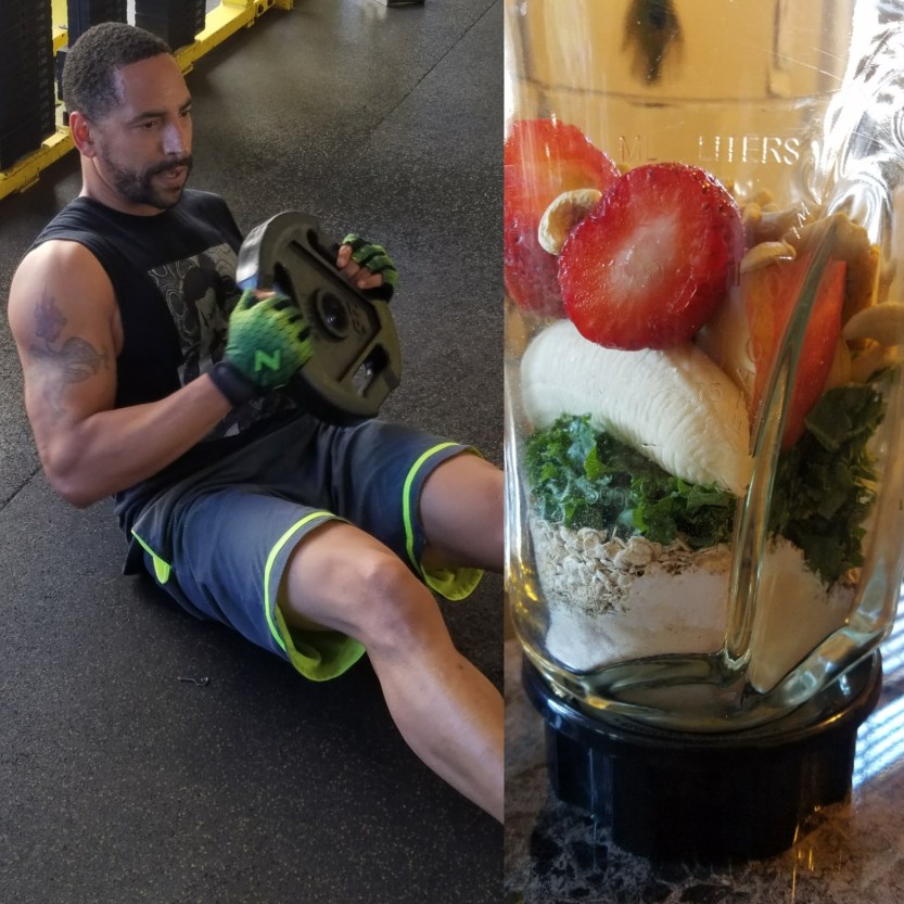 smoothie fruit protein powder gym floor stomach weights muscle strong tattoos legs calves beard